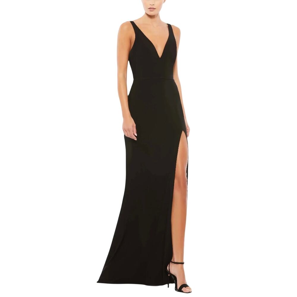 Mac Duggal Black Backless V-Neck Evening Gown with Thigh Slit